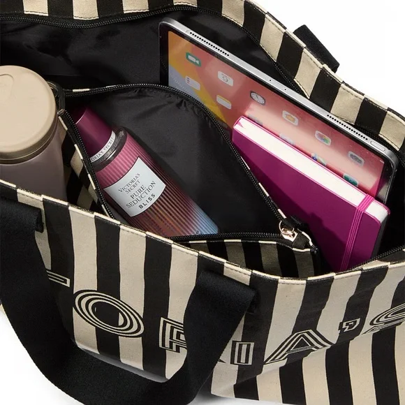 Victoria's Secret Black and White Striped Tote Set NWT - Picture 3 of 15